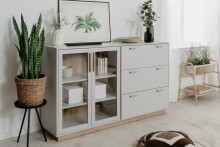 Sideboard >Split< 2 Glastüren, 3 Schubladen, 2 Böden, in steingrau / Jackson Hickory Dekor - 162,5x94x40cm (BxHxT)