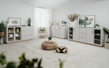 Sideboard >Split< 2 Glastüren, 3 Schubladen, 2 Böden, in steingrau / Jackson Hickory Dekor - 162,5x94x40cm (BxHxT)