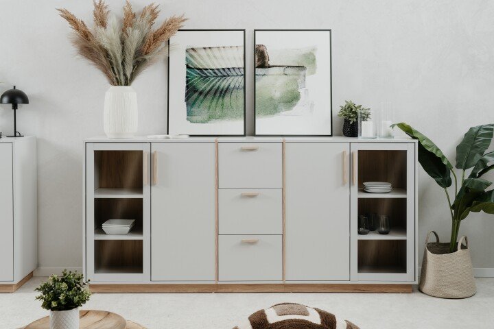 Kombikommode >Split< 4 Türen davon 2 mit Glas, 3 Schubladen, 4 Böden, steingrau / Jackson Hickory Dekor - 204x94x40cm (BxHxT)