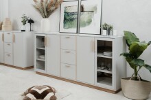 Kombikommode >Split< 4 Türen davon 2 mit Glas, 3 Schubladen, 4 Böden, steingrau / Jackson Hickory Dekor - 204x94x40cm (BxHxT)