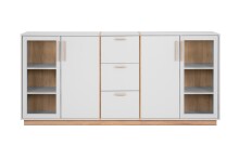 Kombikommode >Split< 4 Türen davon 2 mit Glas, 3 Schubladen, 4 Böden, steingrau / Jackson Hickory Dekor - 204x94x40cm (BxHxT)