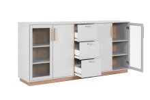 Kombikommode >Split< 4 Türen davon 2 mit Glas, 3 Schubladen, 4 Böden, steingrau / Jackson Hickory Dekor - 204x94x40cm (BxHxT)