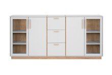 Kombikommode >Split< 4 Türen davon 2 mit Glas, 3 Schubladen, 4 Böden, steingrau / Jackson Hickory Dekor - 204x94x40cm (BxHxT)