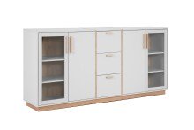 Kombikommode >Split< 4 Türen davon 2 mit Glas, 3 Schubladen, 4 Böden, steingrau / Jackson Hickory Dekor - 204x94x40cm (BxHxT)