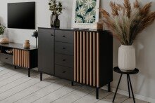 Sideboard >Monza< 2 Türen, 4 Schubladen, 2 Böden, 3D-Lamellen-Optik, schwarz / Dekor Artisan Eiche - 118x90x40cm (BxHxT)