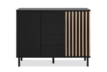 Sideboard >Monza< 2 Türen, 4 Schubladen, 2 Böden, 3D-Lamellen-Optik, schwarz / Dekor Artisan Eiche - 118x90x40cm (BxHxT)