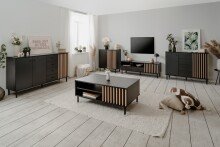 Kommode >Monza< 2 Türen, 2 Böden, 3D-Lamellen-Optik, in schwarz / Dekor Artisan Eiche - 80x90x40cm (BxHxT)