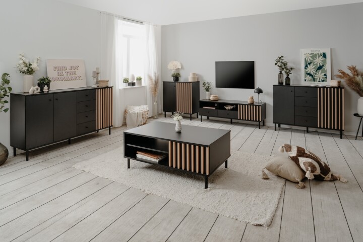 Sideboard >Monza< 2 Türen, 4 Schubladen, 2 Böden, 3D-Lamellen-Optik, in schwarz / Dekor Artisan Eiche - 160x90x40cm (BxHxT)