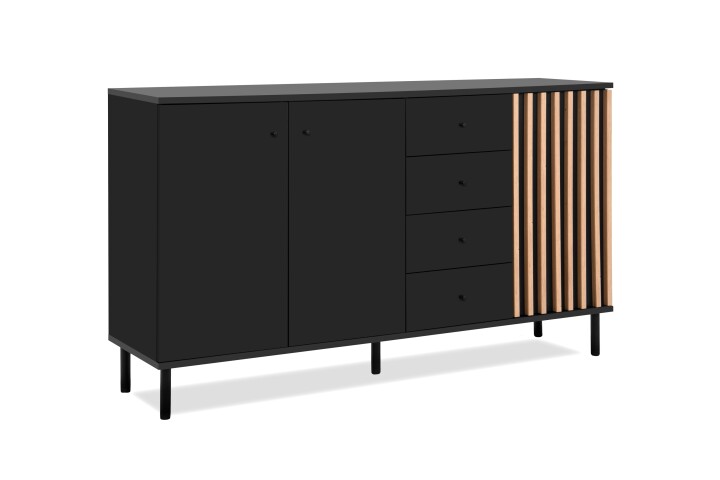 Sideboard >Monza< 2 Türen, 4 Schubladen, 2 Böden, 3D-Lamellen-Optik, in schwarz / Dekor Artisan Eiche - 160x90x40cm (BxHxT)