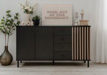 Sideboard >Monza< 2 Türen, 4 Schubladen, 2 Böden, 3D-Lamellen-Optik, in schwarz / Dekor Artisan Eiche - 160x90x40cm (BxHxT)