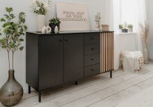 Sideboard >Monza< 2 Türen, 4 Schubladen, 2 Böden, 3D-Lamellen-Optik, in schwarz / Dekor Artisan Eiche - 160x90x40cm (BxHxT)