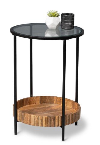 Beistelltisch >Jason 1< in Glas / Metall schwarz und Mangoholz massiv - 62cm (H)