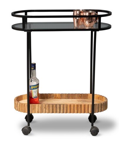 Servierwagen >Jason 5< rollbar, Glas, Metall schwarz, Mangoholz massiv - 70x86x30 (LxHxT)