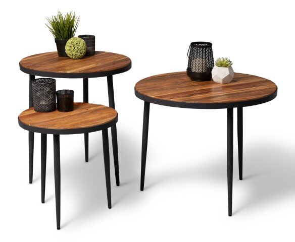 Satztisch >Texas< (3er-Set) Metall anthrazit, Akazie massiv - 50x60 (HxD)