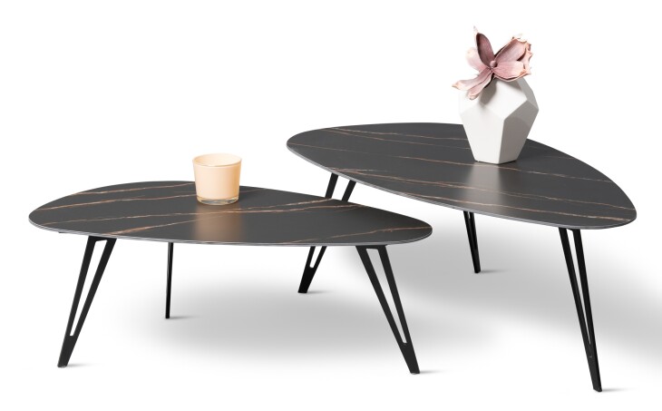 Couchtisch >Luis< (2er-Set) Metall schwarz + gesinterter Stein dunkel - 95x34x50 (BxHxT)