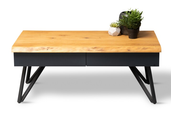 Couchtisch >Dubai 4< 2 Schubladen, Baumkante, Metall anthrazit / Wildeiche massiv - 110x45x60cm (LxHxT)