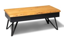 Couchtisch >Dubai 4< 2 Schubladen, Baumkante, Metall anthrazit / Wildeiche massiv - 110x45x60cm (LxHxT)