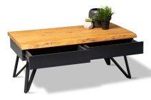 Couchtisch >Dubai 4< 2 Schubladen, Baumkante, Metall anthrazit / Wildeiche massiv - 110x45x60cm (LxHxT)