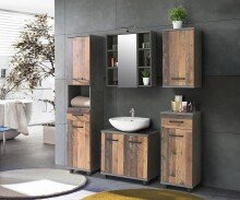 Waschbeckenunterschrank >Veris< 2 Türen, Old-Wood Vintage Dekor / Betonoptik - 68,6x62x34,8cm B/H/T