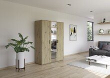 Drehtürenschrank >Voyager< 3 Türen, 4 Böden, Eiche Artisan Dekor / Spiegel - 140x194x53cm B/H/T