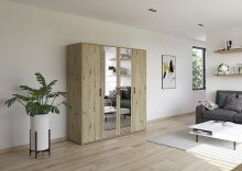 Drehtürenschrank >Voyager< 4 Türen, 7 Böden, Eiche Artisan Dekor / Spiegel - 187x194x53cm B/H/T