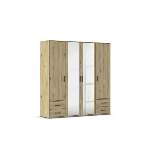 Drehtürenschrank >Voyager< 4 Schübe, 5 Böden, Eiche Artisan Dekor / Spiegel - 187x194x53cm B/H/T