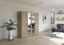 Drehtürenschrank >Voyager< 4 Schübe, 5 Böden, Eiche Artisan Dekor / Spiegel - 187x194x53cm B/H/T