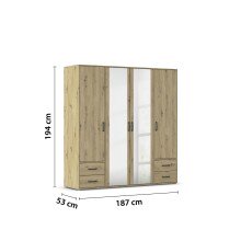 Drehtürenschrank >Voyager< 4 Schübe, 5 Böden, Eiche Artisan Dekor / Spiegel - 187x194x53cm B/H/T