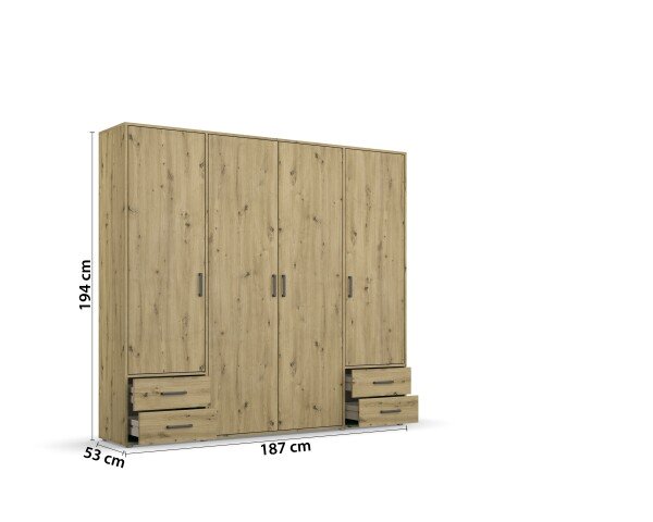 Drehtürenschrank >Voyager< 4 Schübe, 5 Böden, 1 Stange, Eiche Artisan Dekor - 187x194x53 (BxHxT)