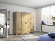 Drehtürenschrank >Voyager< 4 Schübe, 5 Böden, 1 Stange, Eiche Artisan Dekor - 187x194x53 (BxHxT)