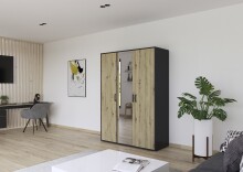 Drehtürenschrank >Voyager< 4 Böden, Eiche Artisan Dekor / Spiegel / grau - 140x194x53cm (B/H/T)
