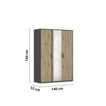 Drehtürenschrank >Voyager< 4 Böden, Eiche Artisan Dekor / Spiegel / grau - 140x194x53cm (B/H/T)