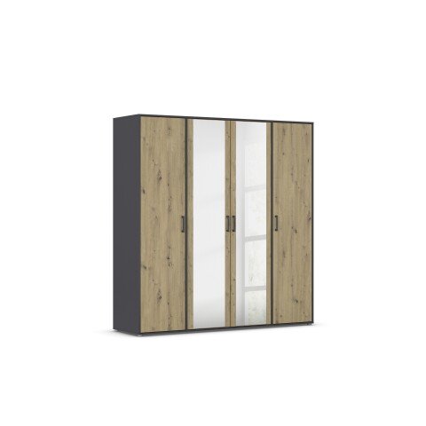 Drehtürenschrank >Voyager< 7 Böden, Eiche Artisan Dekor / Spiegel / grau - 187x194x53cm (B/H/T)