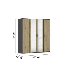 Drehtürenschrank >Voyager< 7 Böden, Eiche Artisan Dekor / Spiegel / grau - 187x194x53cm (B/H/T)