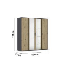Drehtürenschrank >Voyager< 7 Böden, Eiche Artisan Dekor / Spiegel / grau - 187x194x53cm (B/H/T)