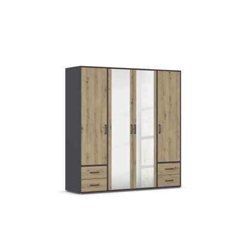 Drehtürenschrank >Voyager< 4 Schübe, Eiche Artisan Dekor / Spiegel / grau - 187x194x53cm (B/H/T)