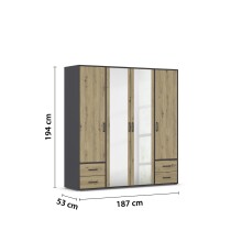 Drehtürenschrank >Voyager< 4 Schübe, Eiche Artisan Dekor / Spiegel / grau - 187x194x53cm (B/H/T)
