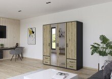 Drehtürenschrank >Voyager< 4 Schübe, Eiche Artisan Dekor / Spiegel / grau - 187x194x53cm (B/H/T)