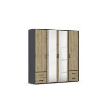 Drehtürenschrank >Voyager< 4 Schübe, Eiche Artisan Dekor / Spiegel / grau - 187x194x53cm (B/H/T)