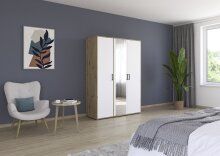 Drehtürenschrank >Voyager< 4 Böden, Eiche Artisan Dekor / weiss / Spiegel - 140x194x53cm (B/H/T)