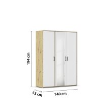 Drehtürenschrank >Voyager< 4 Böden, Eiche Artisan Dekor / weiss / Spiegel - 140x194x53cm (B/H/T)