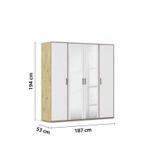 Drehtürenschrank >Voyager< 7 Böden, Eiche Artisan Dekor / weiss / Spiegel - 187x194x53cm (B/H/T)