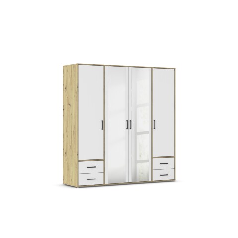 Drehtürenschrank >Voyager< 4 Schübe, Eiche Artisan Dekor / weiss / Spiegel - 187x194x53cm (B/H/T)