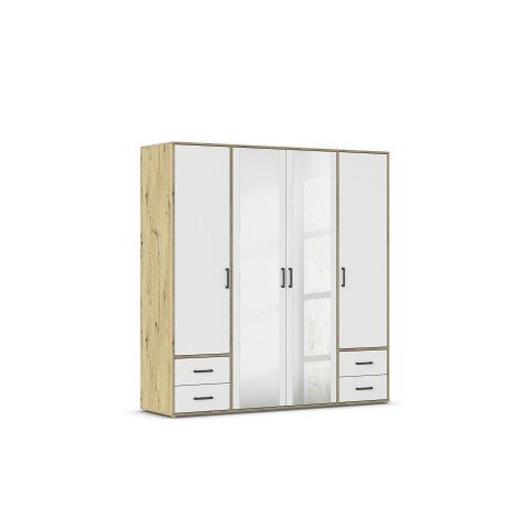 Drehtürenschrank >Voyager< 4 Schübe, Eiche Artisan Dekor / weiss / Spiegel - 187x194x53cm (B/H/T)