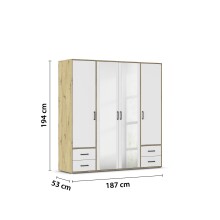 Drehtürenschrank >Voyager< 4 Schübe, Eiche Artisan Dekor / weiss / Spiegel - 187x194x53cm (B/H/T)