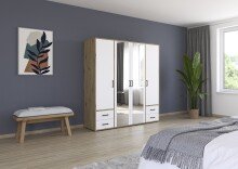 Drehtürenschrank >Voyager< 4 Schübe, Eiche Artisan Dekor / weiss / Spiegel - 187x194x53cm (B/H/T)