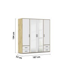 Drehtürenschrank >Voyager< 4 Schübe, Eiche Artisan Dekor / weiss / Spiegel - 187x194x53cm (B/H/T)