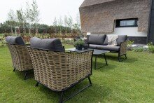 Gartenlounge-Set >SOLAMENTE< 2-Sitzer, 2 Sessel, Tisch, Geflecht natur, inkl Kissen dunkelgrau