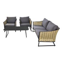 Gartenlounge-Set >SOLAMENTE< 2-Sitzer, 2 Sessel, Tisch, Geflecht natur, inkl Kissen dunkelgrau