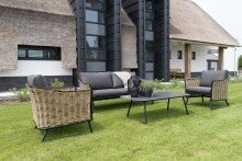 Gartenlounge-Set >SOLAMENTE< 2-Sitzer, 2 Sessel, Tisch, Geflecht natur, inkl Kissen dunkelgrau
